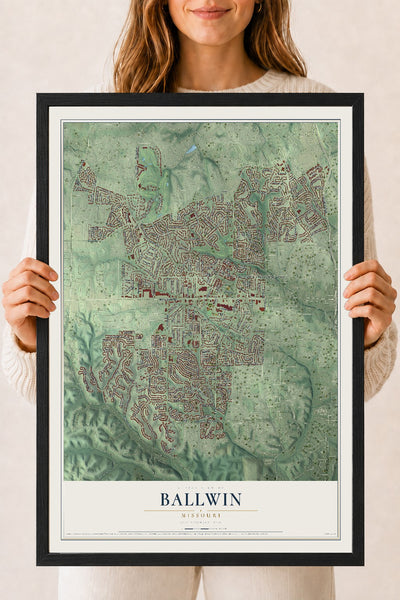 Map of Ballwin, Missouri, 18 x 24 inch print in a black wood frame