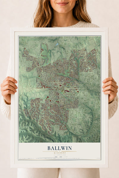 Map of Ballwin, Missouri, 18 x 24 inch print in a white wood frame