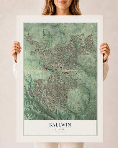 Map of Ballwin, Missouri, 24 x 36 inch print in a white wood frame