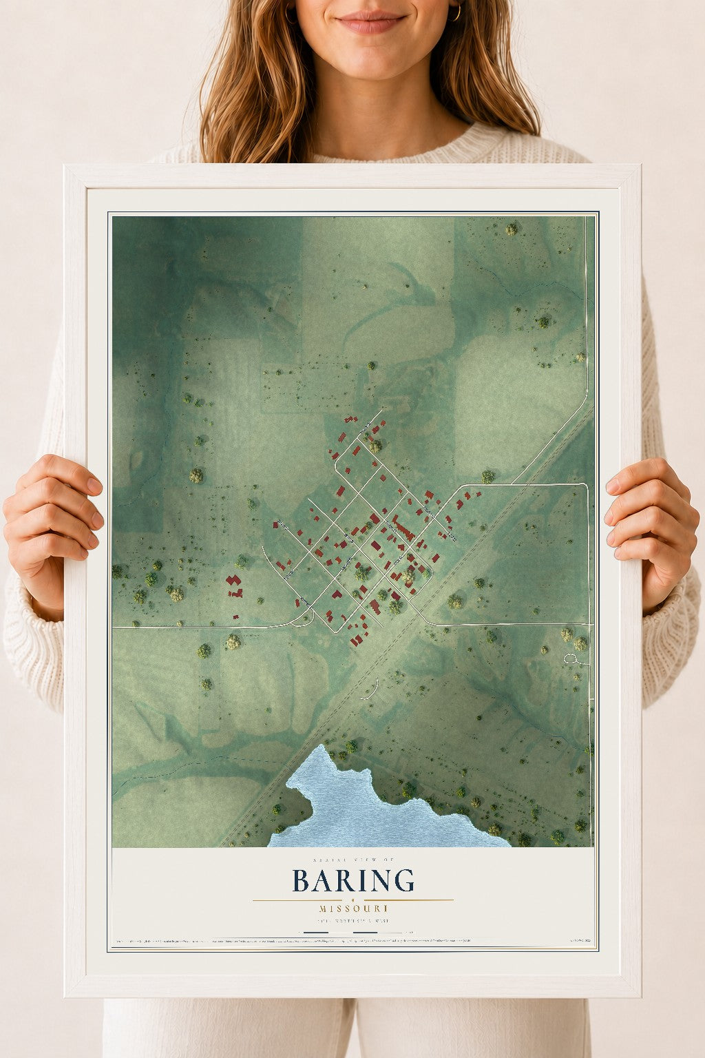 Map of Baring, Missouri, 18 x 24 inch print in a white wood frame