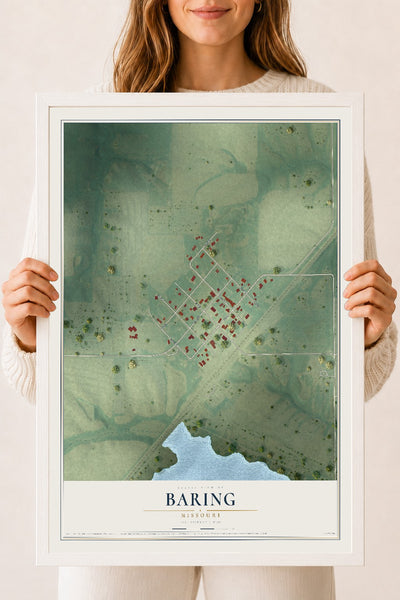 Map of Baring, Missouri, 18 x 24 inch print in a white wood frame
