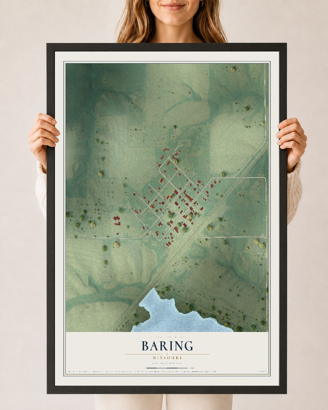 Map of Baring, Missouri, 24 x 36 inch print in a black wood frame
