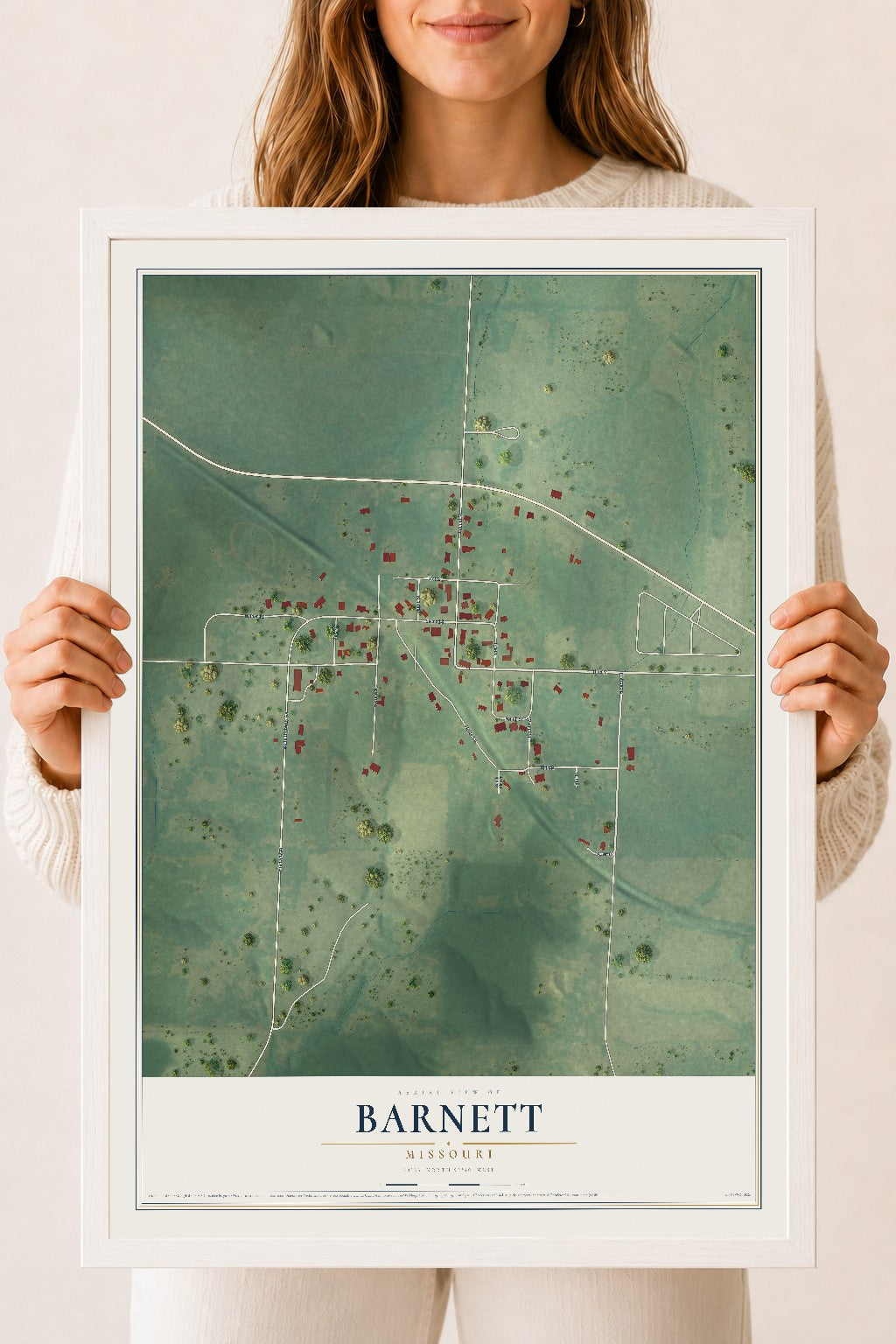 Map of Barnett, Missouri, 18 x 24 inch print in a white wood frame