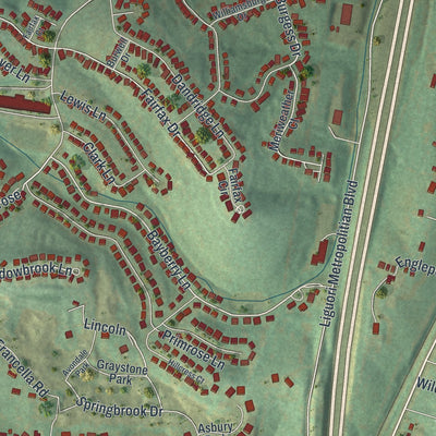 Close-up of the map of Barnhart, Missouri print showing street and building detail