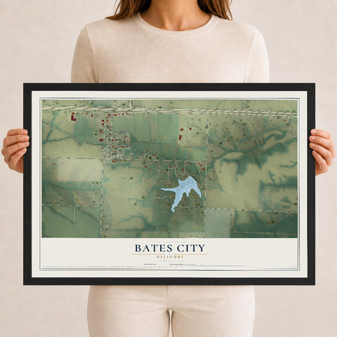 Map of Bates City, Missouri, 12 x 18 inch print in a black wood frame