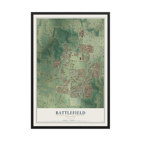 Map of Battlefield, Missouri, 12 x 18 inch print in a black wood frame