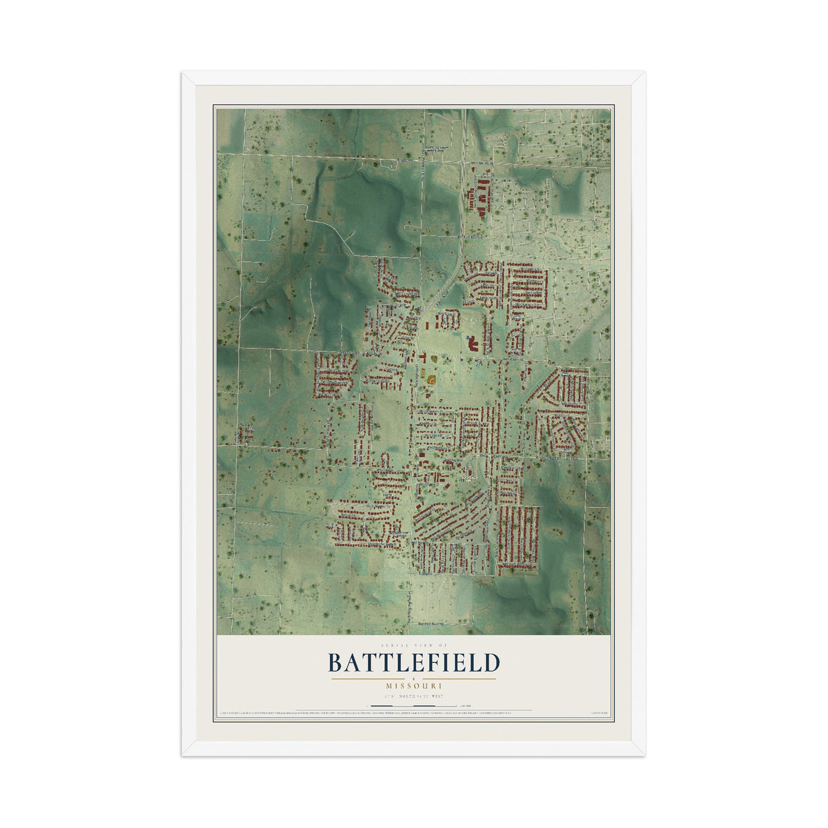 Map of Battlefield, Missouri, 12 x 18 inch print in a white wood frame