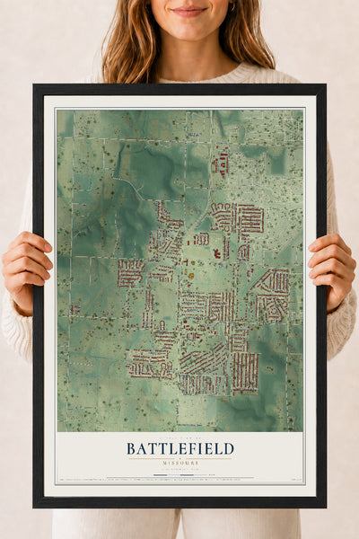 Map of Battlefield, Missouri, 18 x 24 inch print in a black wood frame