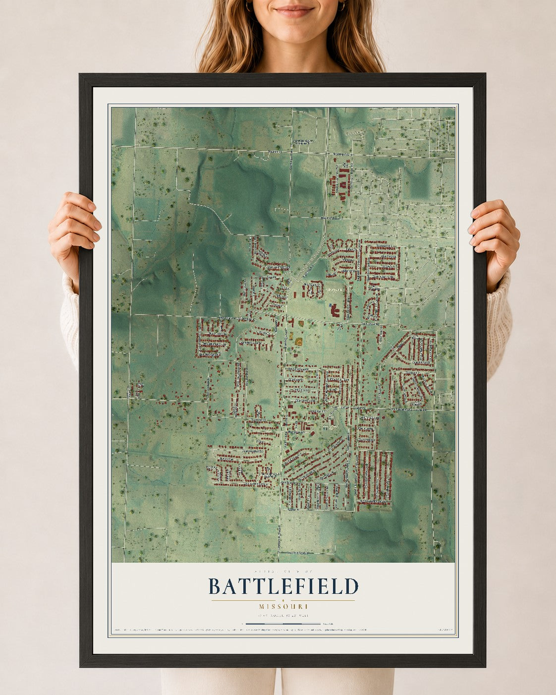Map of Battlefield, Missouri, 24 x 36 inch print in a black wood frame