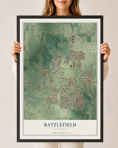 Map of Battlefield, Missouri, 24 x 36 inch print in a black wood frame