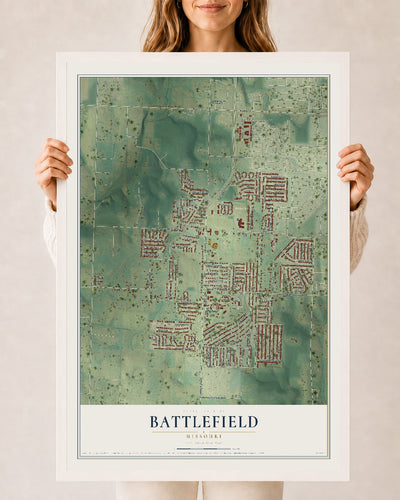 Map of Battlefield, Missouri, 24 x 36 inch print in a white wood frame