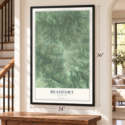 Beaufort, Missouri map, 24 x 36 inch print in a black frame by a staircase