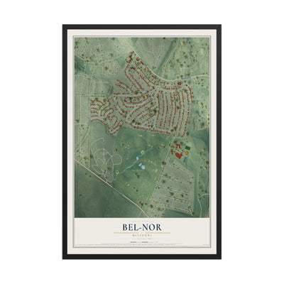 Map of Bel-Nor, Missouri, 12 x 18 inch print in a black wood frame