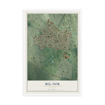 Map of Bel-Nor, Missouri, 12 x 18 inch print in a white wood frame