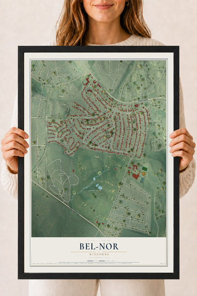 Map of Bel-Nor, Missouri, 18 x 24 inch print in a black wood frame