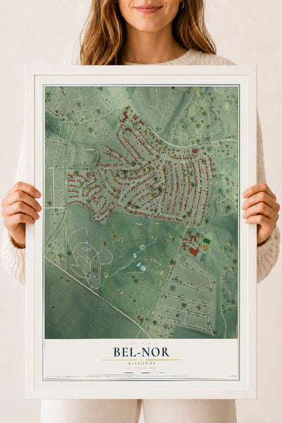 Map of Bel-Nor, Missouri, 18 x 24 inch print in a white wood frame