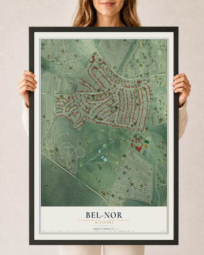 Map of Bel-Nor, Missouri, 24 x 36 inch print in a black wood frame