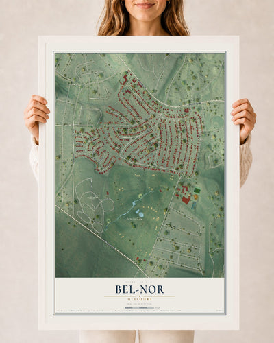 Map of Bel-Nor, Missouri, 24 x 36 inch print in a white wood frame