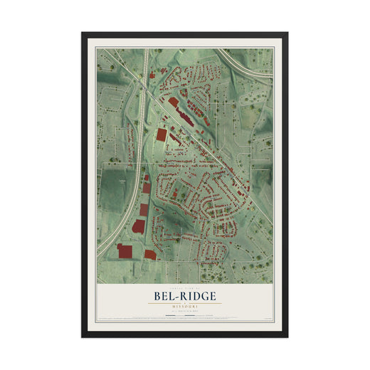 Map of Bel-Ridge, Missouri, 12 x 18 inch print in a black wood frame