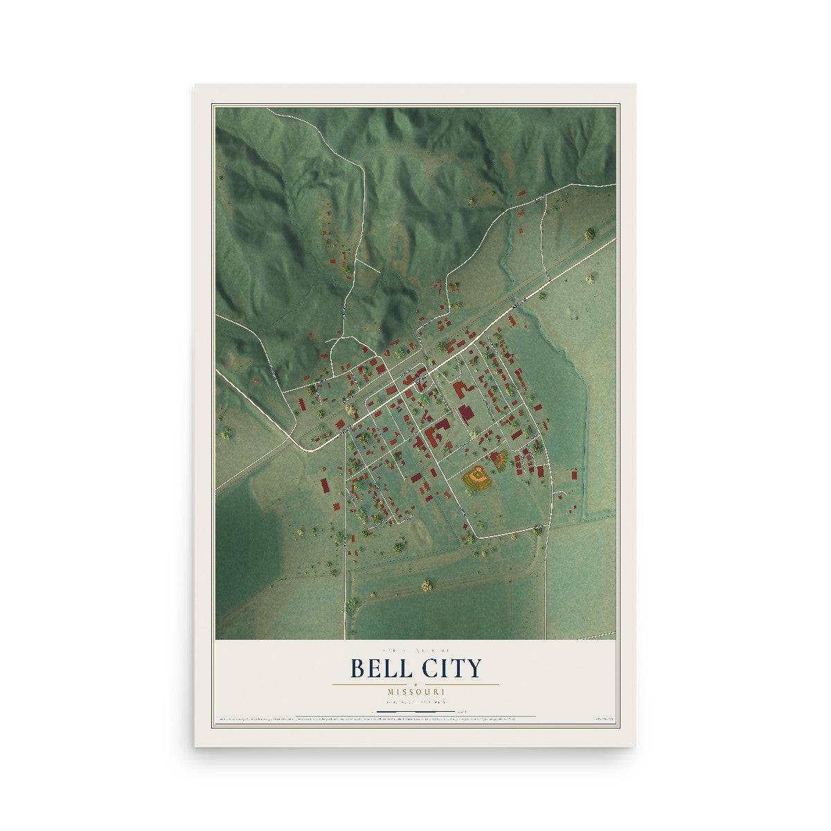 Map of Bell City, Missouri, 12 x 18 inch unframed archival matte print