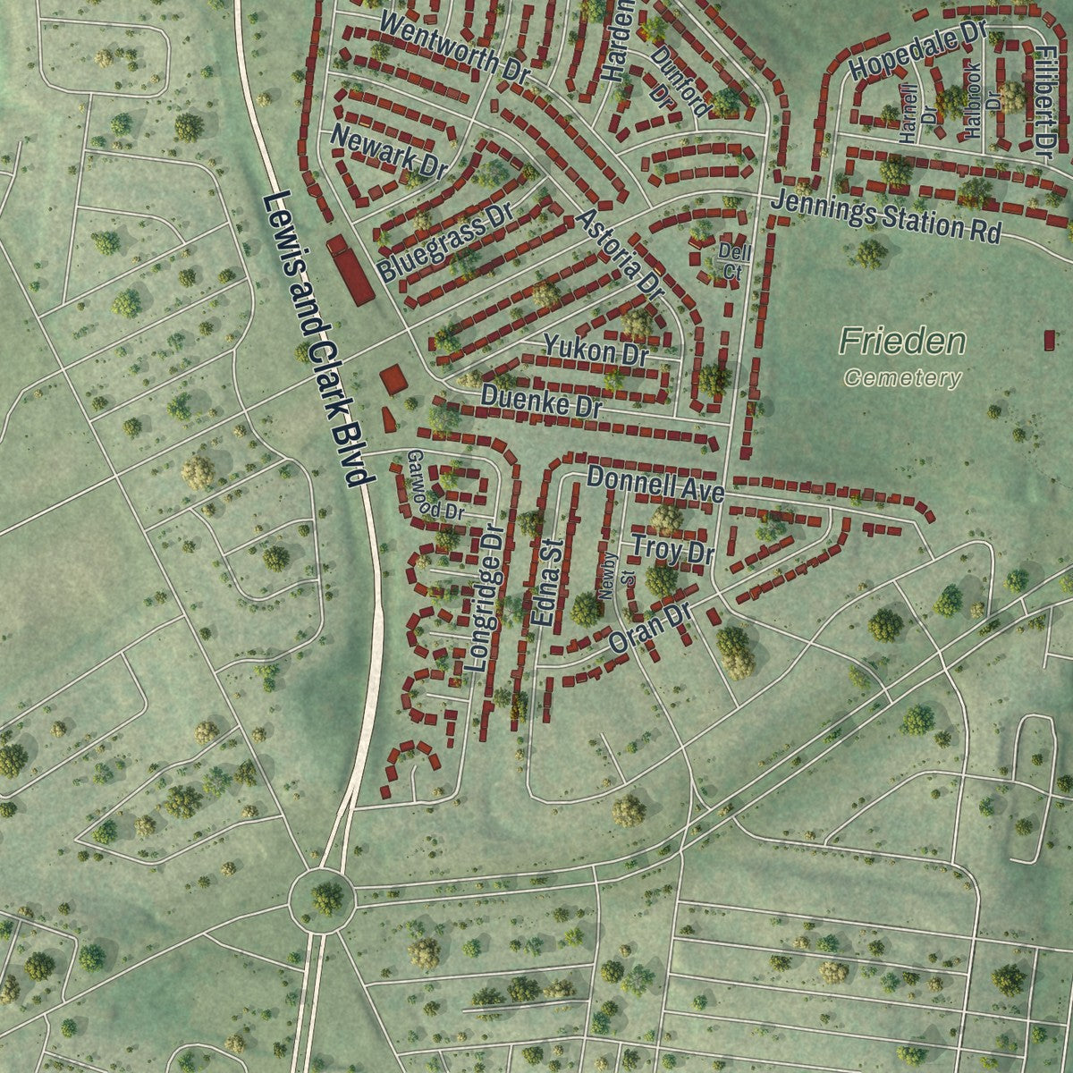 Second close-up of the map of Bellefontaine Neighbors, Missouri print showing more streets and buildings
