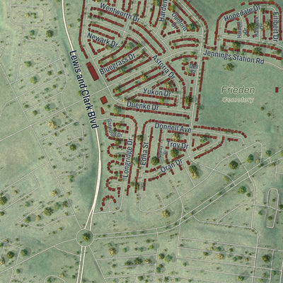 Second close-up of the map of Bellefontaine Neighbors, Missouri print showing more streets and buildings