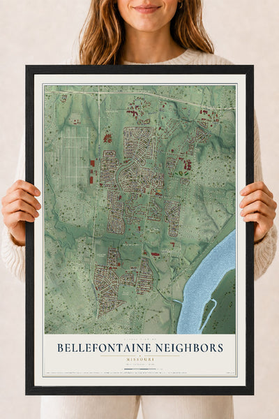 Map of Bellefontaine Neighbors, Missouri, 18 x 24 inch print in a black wood frame