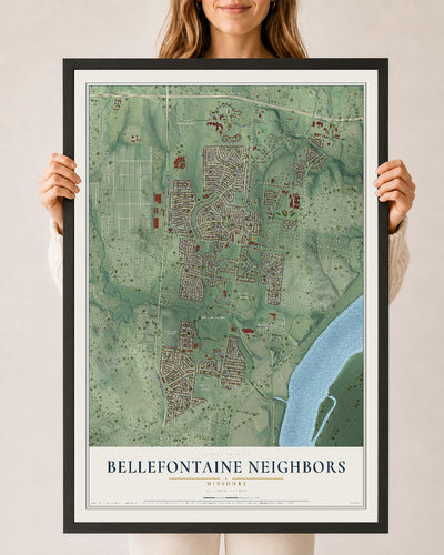 Map of Bellefontaine Neighbors, Missouri, 24 x 36 inch print in a black wood frame