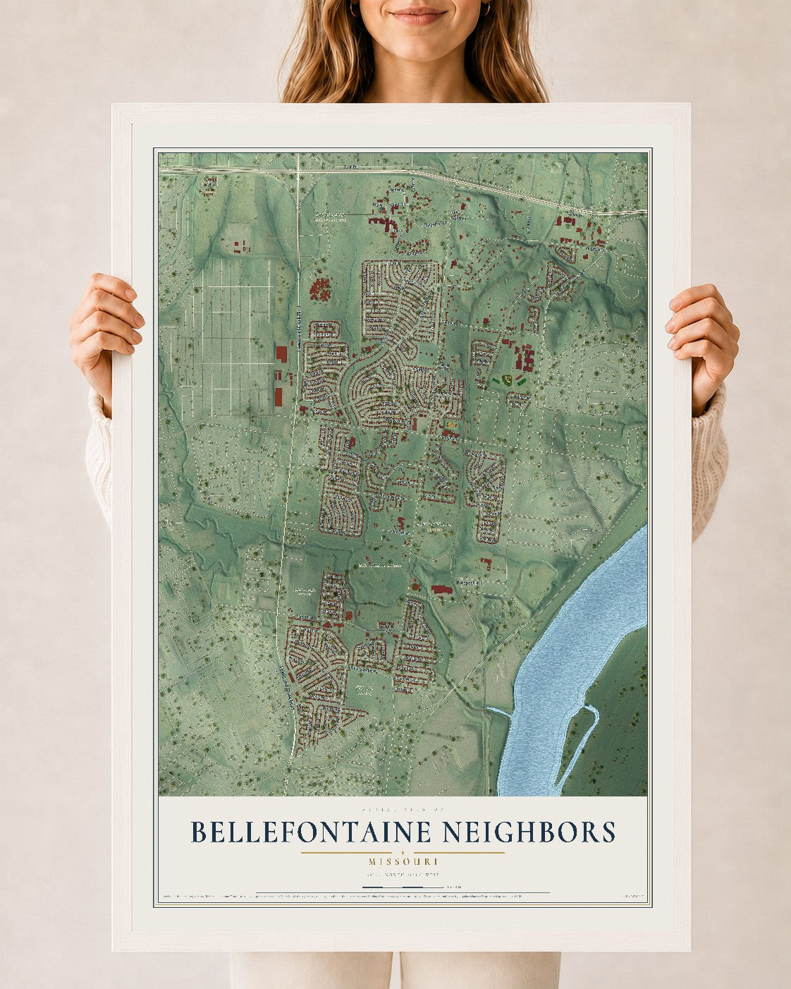 Map of Bellefontaine Neighbors, Missouri, 24 x 36 inch print in a white wood frame