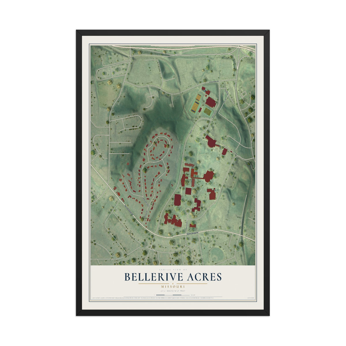 Map of Bellerive Acres, Missouri, 12 x 18 inch print in a black wood frame