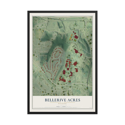 Map of Bellerive Acres, Missouri, 12 x 18 inch print in a black wood frame