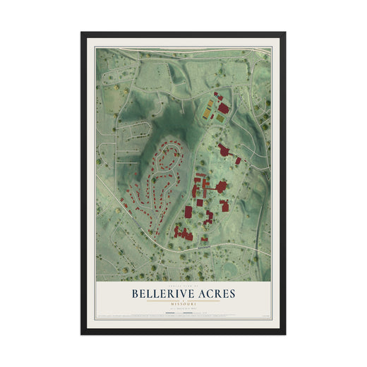 Map of Bellerive Acres, Missouri, 12 x 18 inch print in a black wood frame