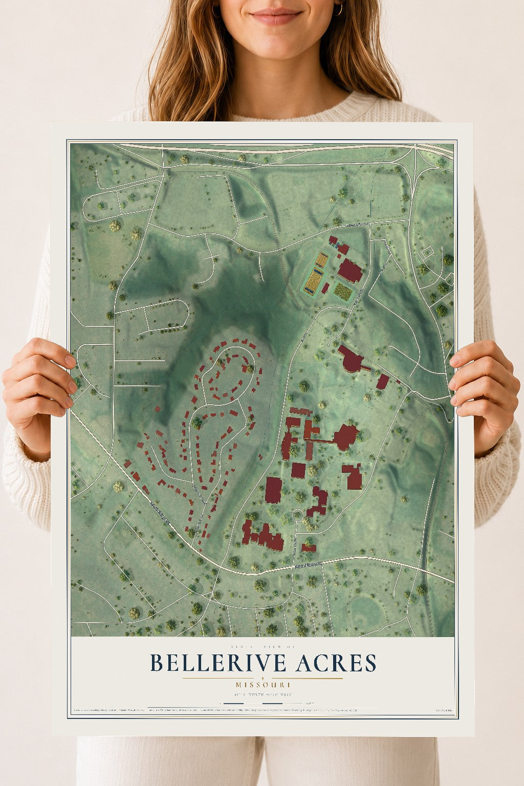 Map of Bellerive Acres, Missouri, 18 x 24 inch unframed archival matte print