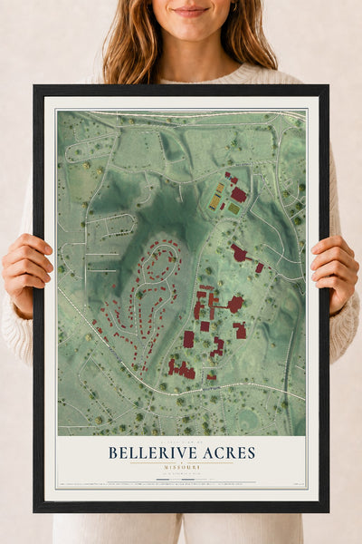 Map of Bellerive Acres, Missouri, 18 x 24 inch print in a black wood frame