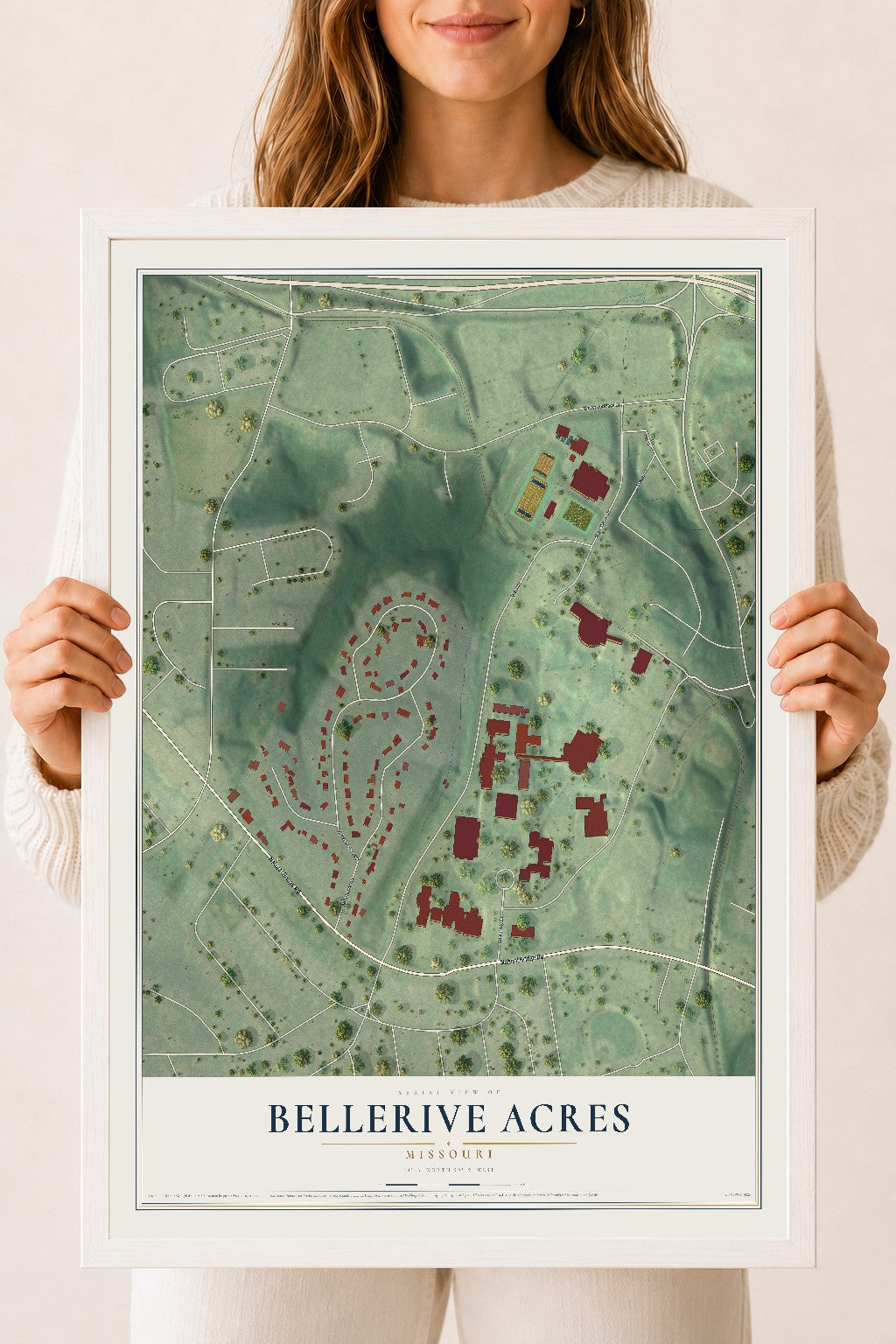 Map of Bellerive Acres, Missouri, 18 x 24 inch print in a white wood frame