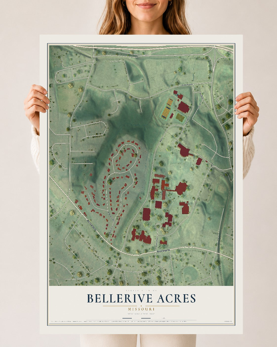 Map of Bellerive Acres, Missouri, 24 x 36 inch unframed archival matte print