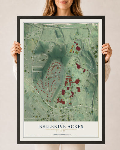 Map of Bellerive Acres, Missouri, 24 x 36 inch print in a black wood frame