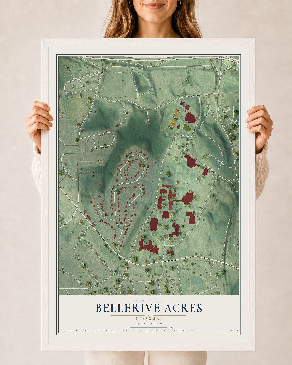 Map of Bellerive Acres, Missouri, 24 x 36 inch print in a white wood frame