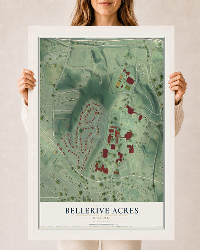 Map of Bellerive Acres, Missouri, 24 x 36 inch print in a white wood frame