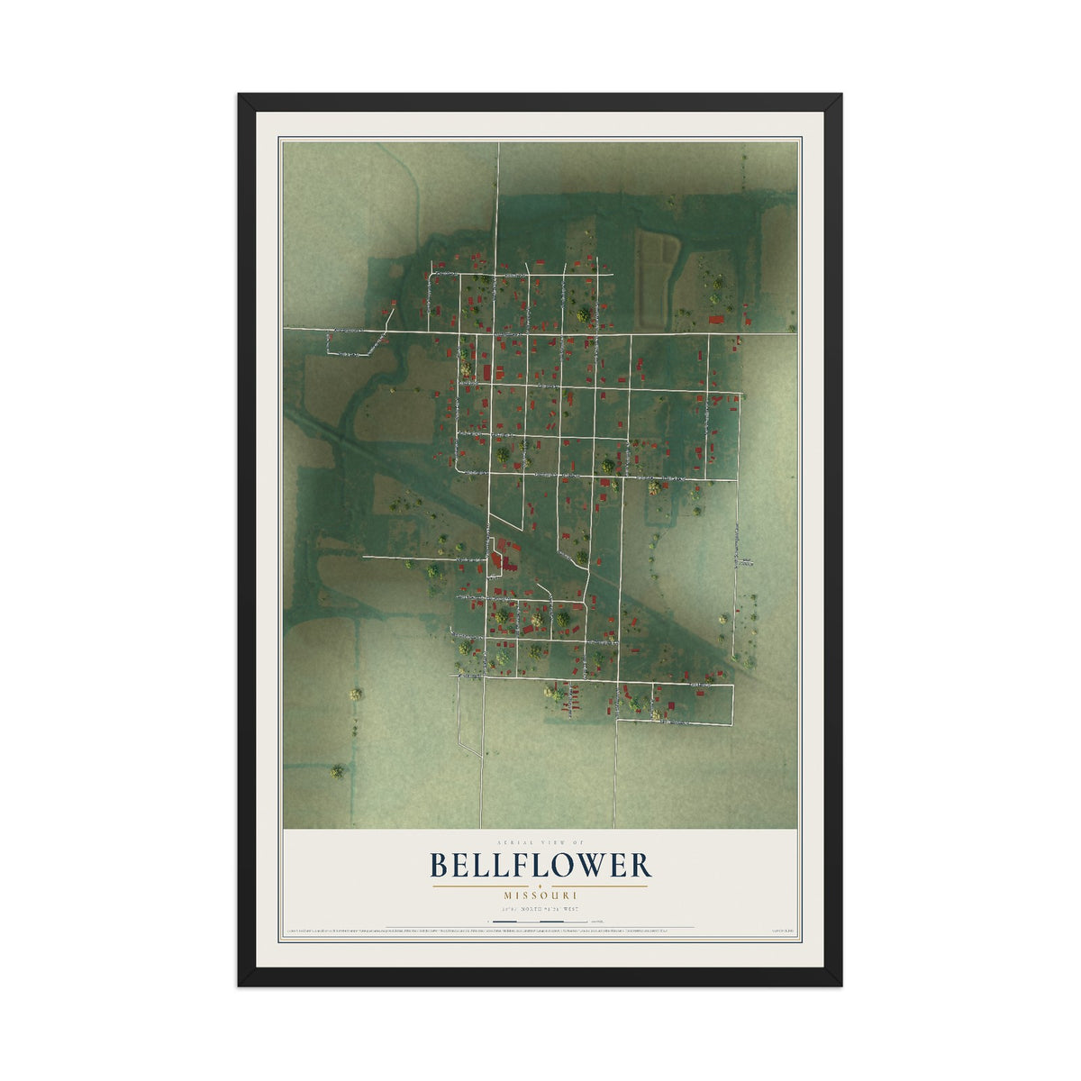 Map of Bellflower, Missouri, 12 x 18 inch print in a black wood frame