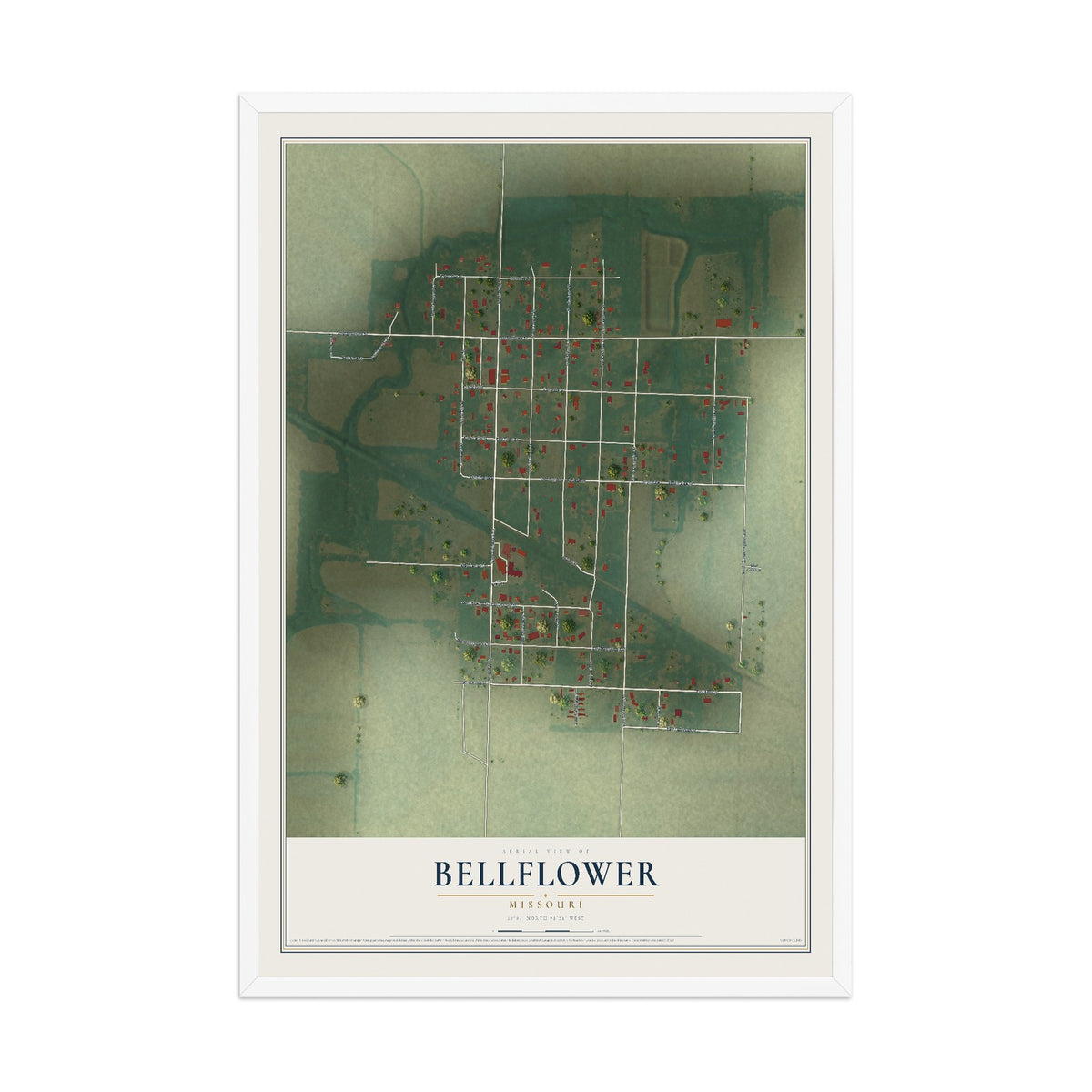Map of Bellflower, Missouri, 12 x 18 inch print in a white wood frame
