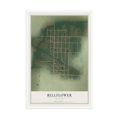 Map of Bellflower, Missouri, 12 x 18 inch print in a white wood frame
