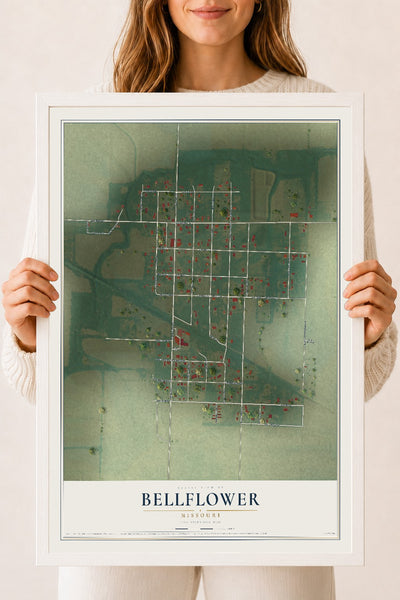 Map of Bellflower, Missouri, 18 x 24 inch print in a white wood frame