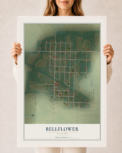 Map of Bellflower, Missouri, 24 x 36 inch print in a white wood frame