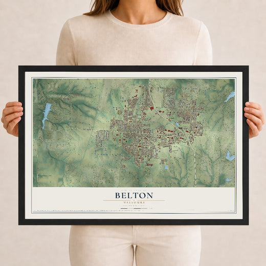 Map of Belton, Missouri, 12 x 18 inch print in a black wood frame