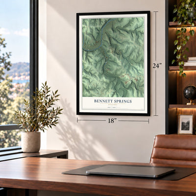 Bennett Springs, Missouri map, 18 x 24 inch print in a black frame in a home office