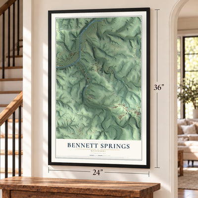 Bennett Springs, Missouri map, 24 x 36 inch print in a black frame by a staircase