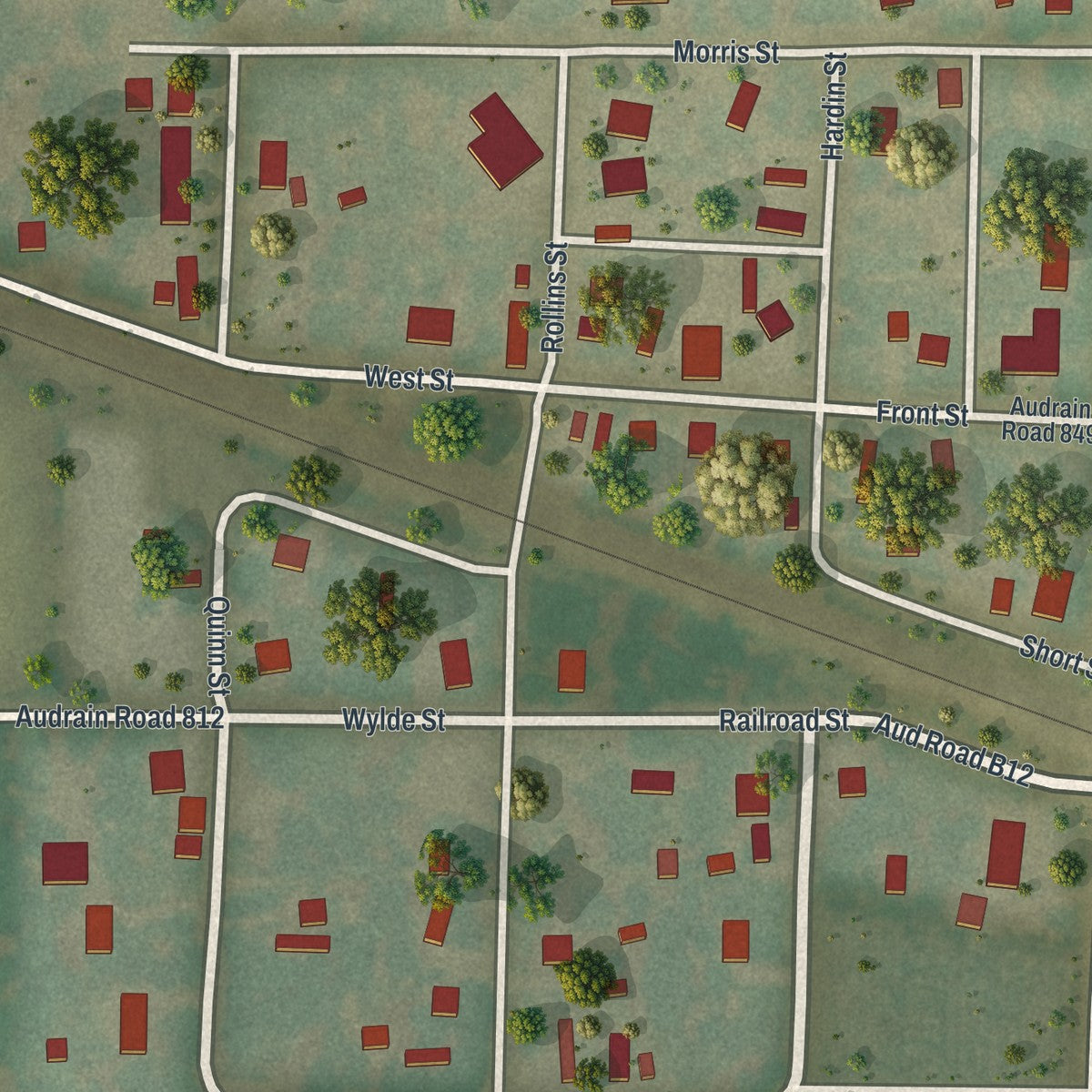 Close-up of the map of Benton City, Missouri print showing street and building detail