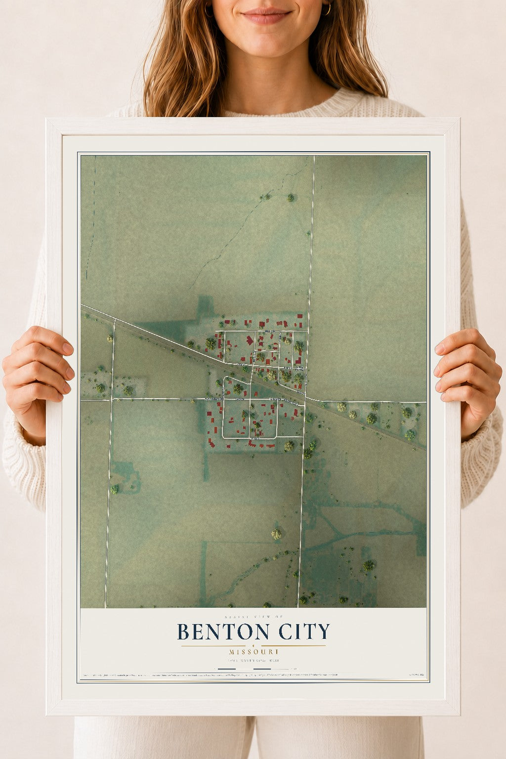 Map of Benton City, Missouri, 18 x 24 inch print in a white wood frame