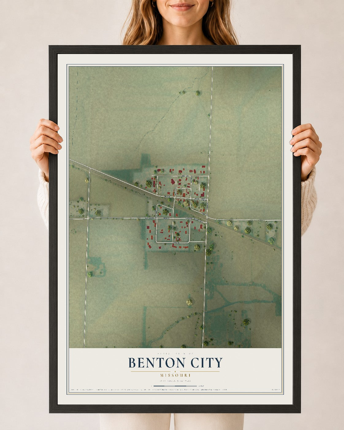 Map of Benton City, Missouri, 24 x 36 inch print in a black wood frame